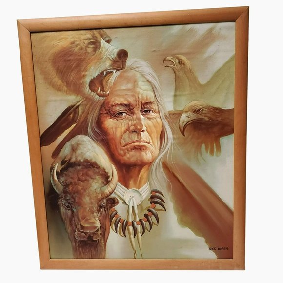 Rick Boren Oil Painting on Canvas, Framed 25x21, American Indian Scene, Animals - Picture 1 of 8